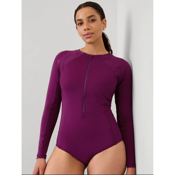 Athleta Other - New Athleta One Piece Swimsuit XL Rashguard Purple Long Sleeve NWT Front Zip